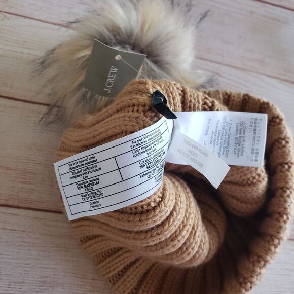 J. Crew Ribbed Knit Faux Fur Pom Pom Beanie in Light Caramel - Picture 7 of 8